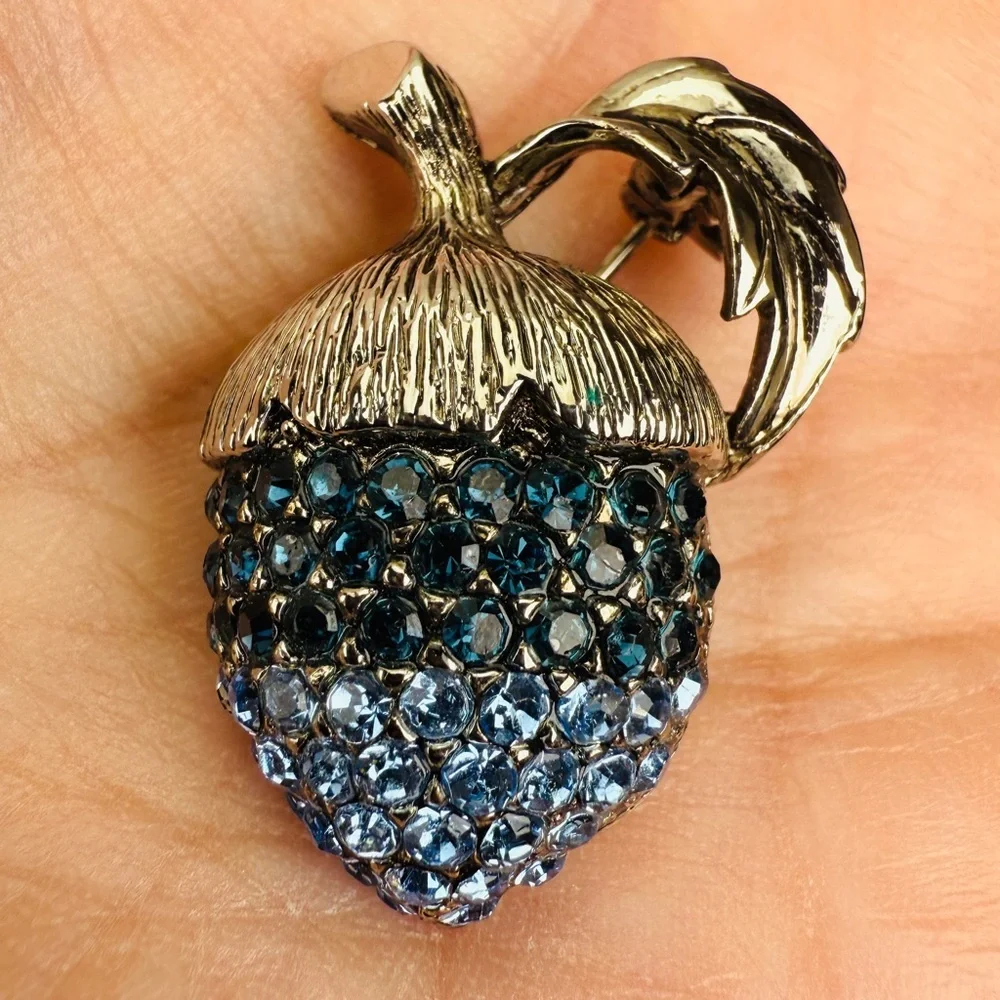 Silvertone and Blue Acorn Brooch Pin